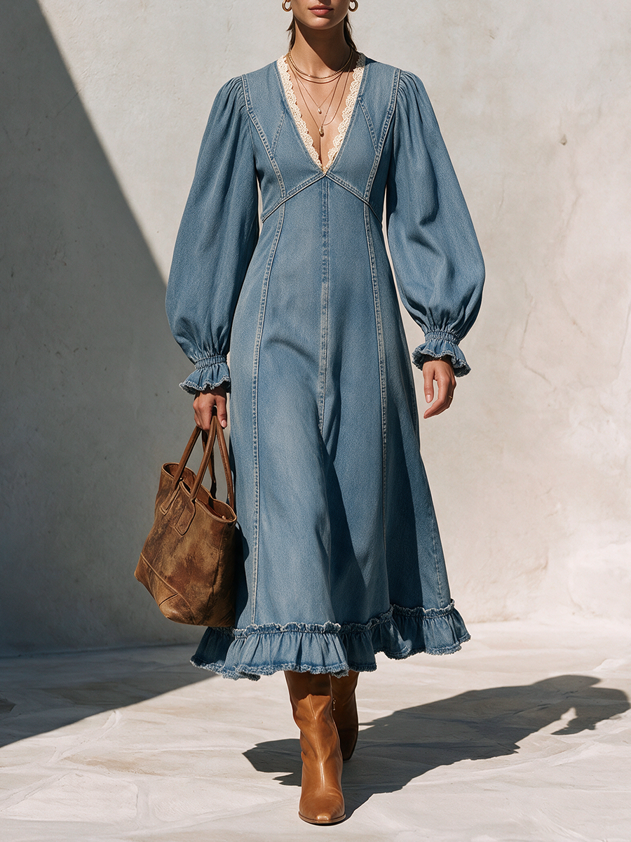Women's V-Neck Lace-Trim Balloon-Sleeve Belted Ruffle-Hem Denim Maxi Dress MDZ0273I5CMX