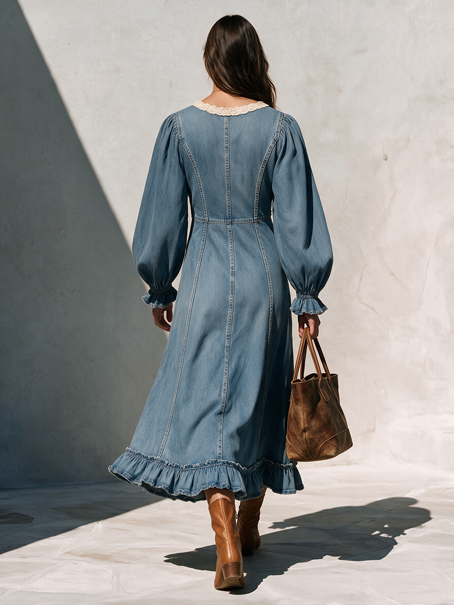 Women's V-Neck Lace-Trim Balloon-Sleeve Belted Ruffle-Hem Denim Maxi Dress MDZ0273I5CMX
