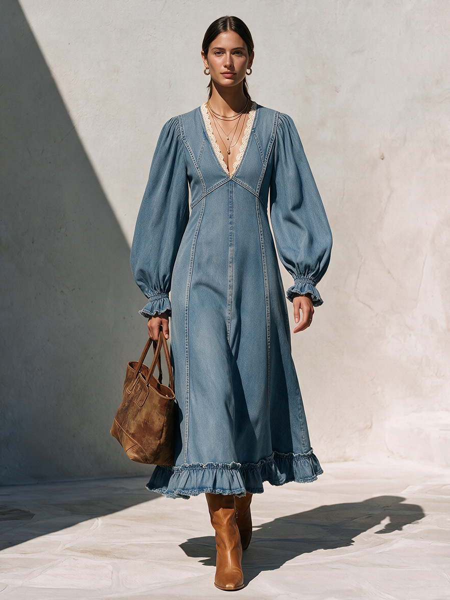 Women's V-Neck Lace-Trim Balloon-Sleeve Belted Ruffle-Hem Denim Maxi Dress MDZ0273I5CMX