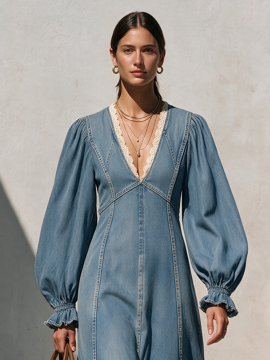Women's V-Neck Lace-Trim Balloon-Sleeve Belted Ruffle-Hem Denim Maxi Dress MDZ0273I5CMX