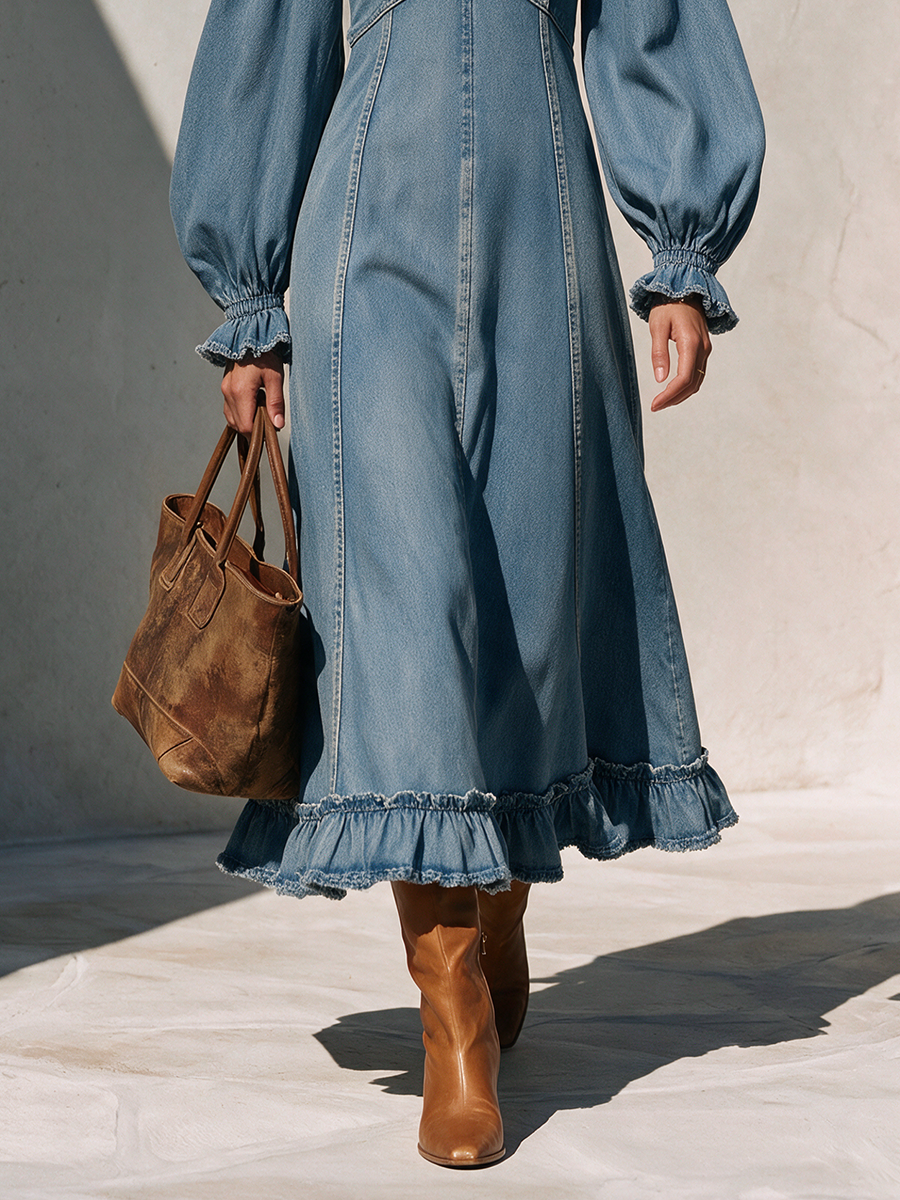 Women's V-Neck Lace-Trim Balloon-Sleeve Belted Ruffle-Hem Denim Maxi Dress MDZ0273I5CMX