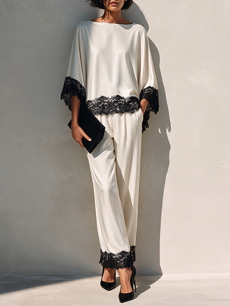 Women's Cotton-Blend Set With Contrasting Lace Paneling MDZ0294I9ZRK