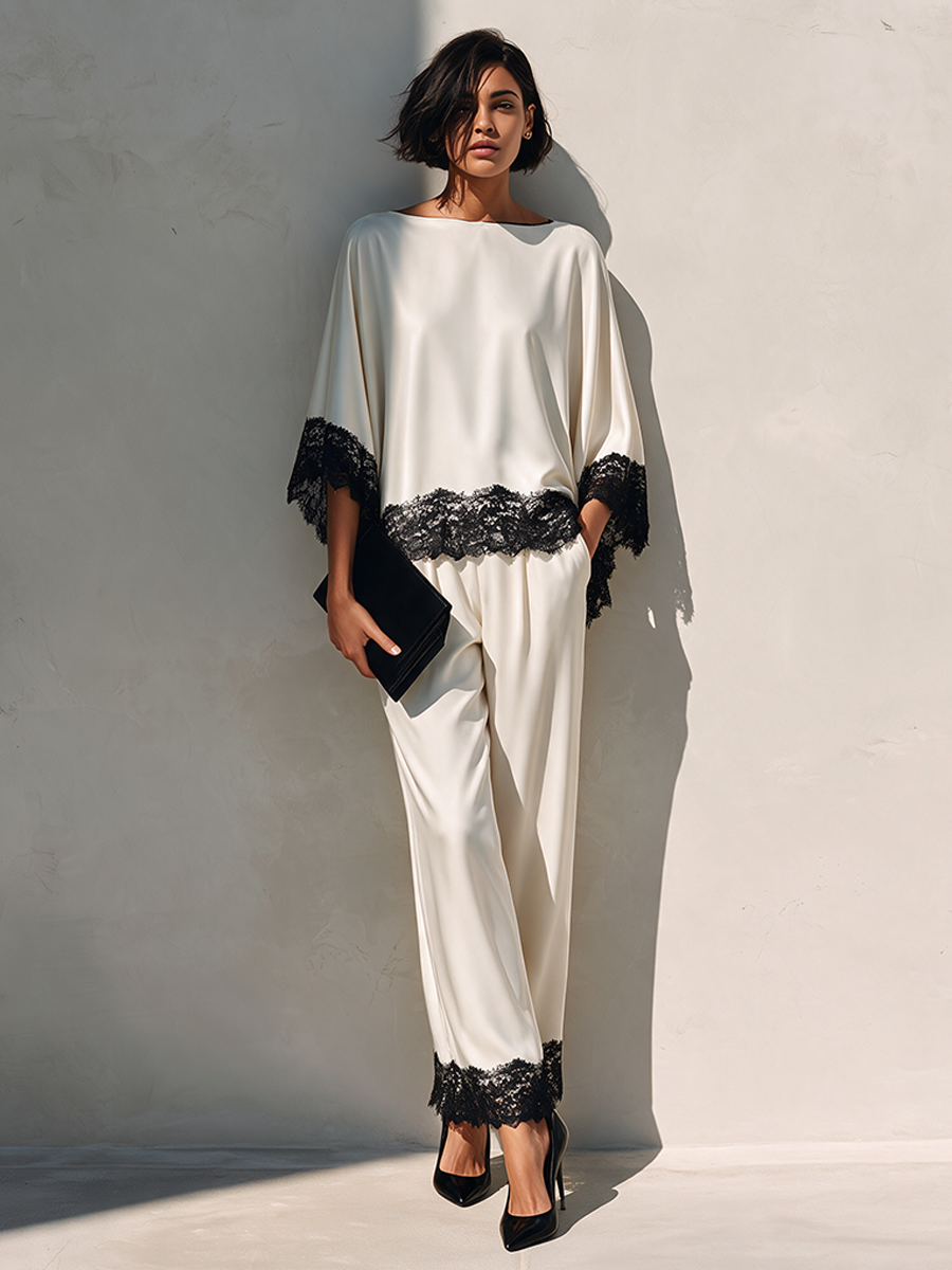 Women's Cotton-Blend Set With Contrasting Lace Paneling MDZ0294I9ZRK
