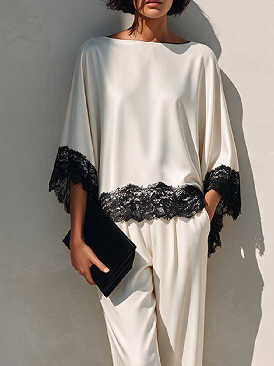 Women's Cotton-Blend Set With Contrasting Lace Paneling MDZ0294I9ZRK