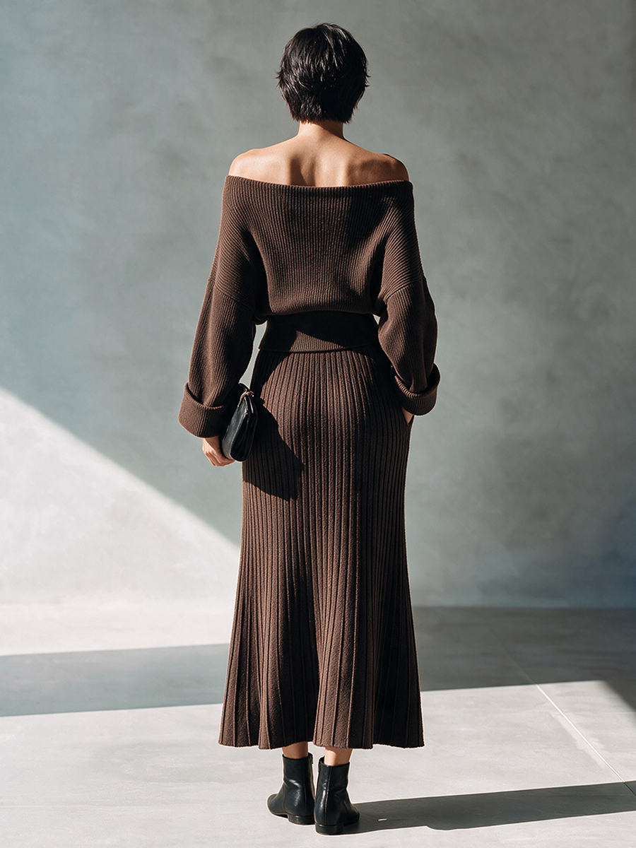 Women's Off-Shoulder Knit Top And Midi Skirt Set MDZ0232I9ZRK