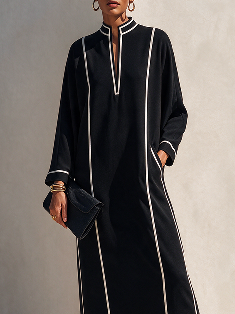 Women's Cotton-Blend Maxi Dress With Stand Collar And Contrast Piping MDZ0214I2ZRK