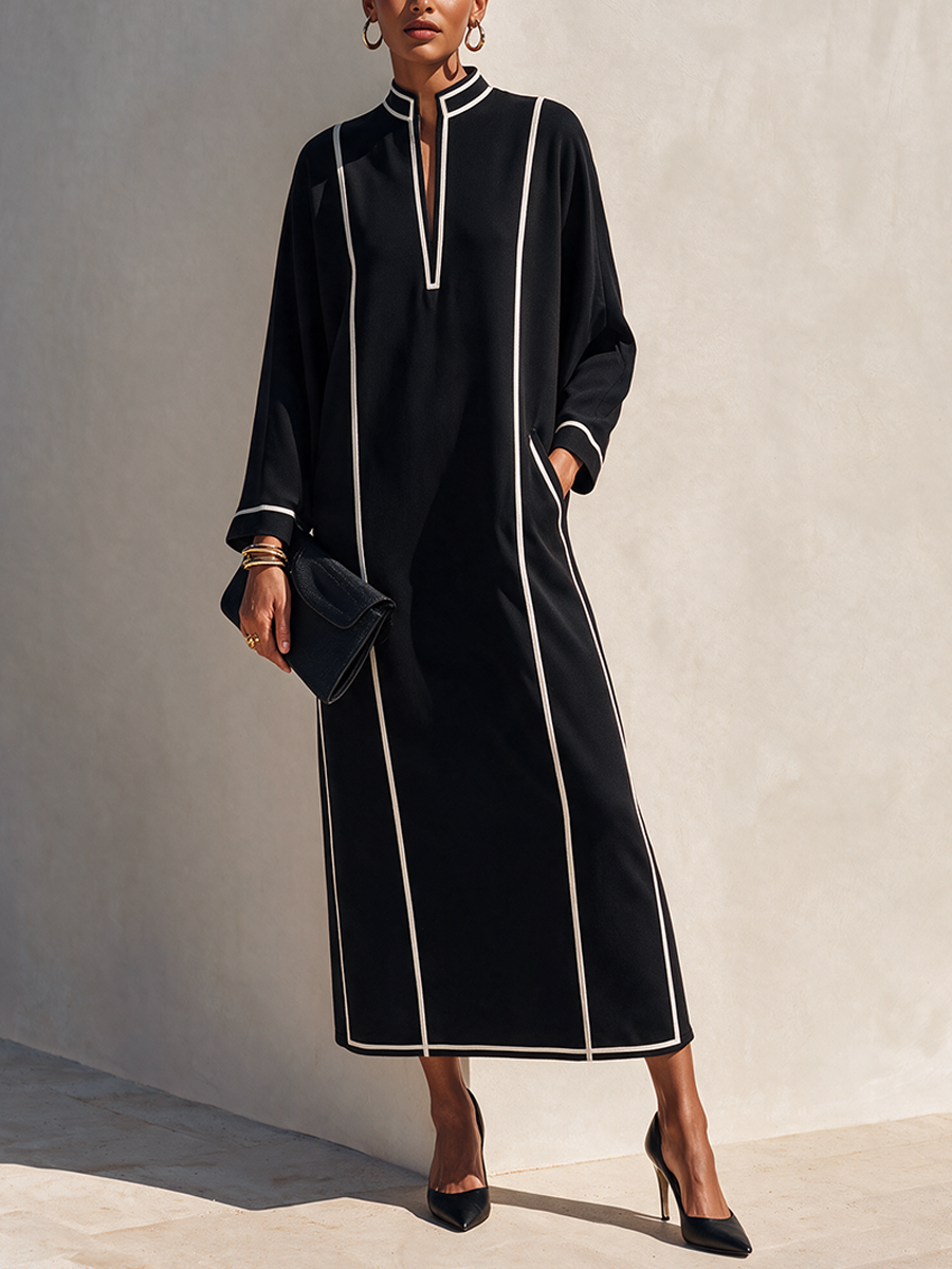 Women's Cotton-Blend Maxi Dress With Stand Collar And Contrast Piping MDZ0214I2ZRK