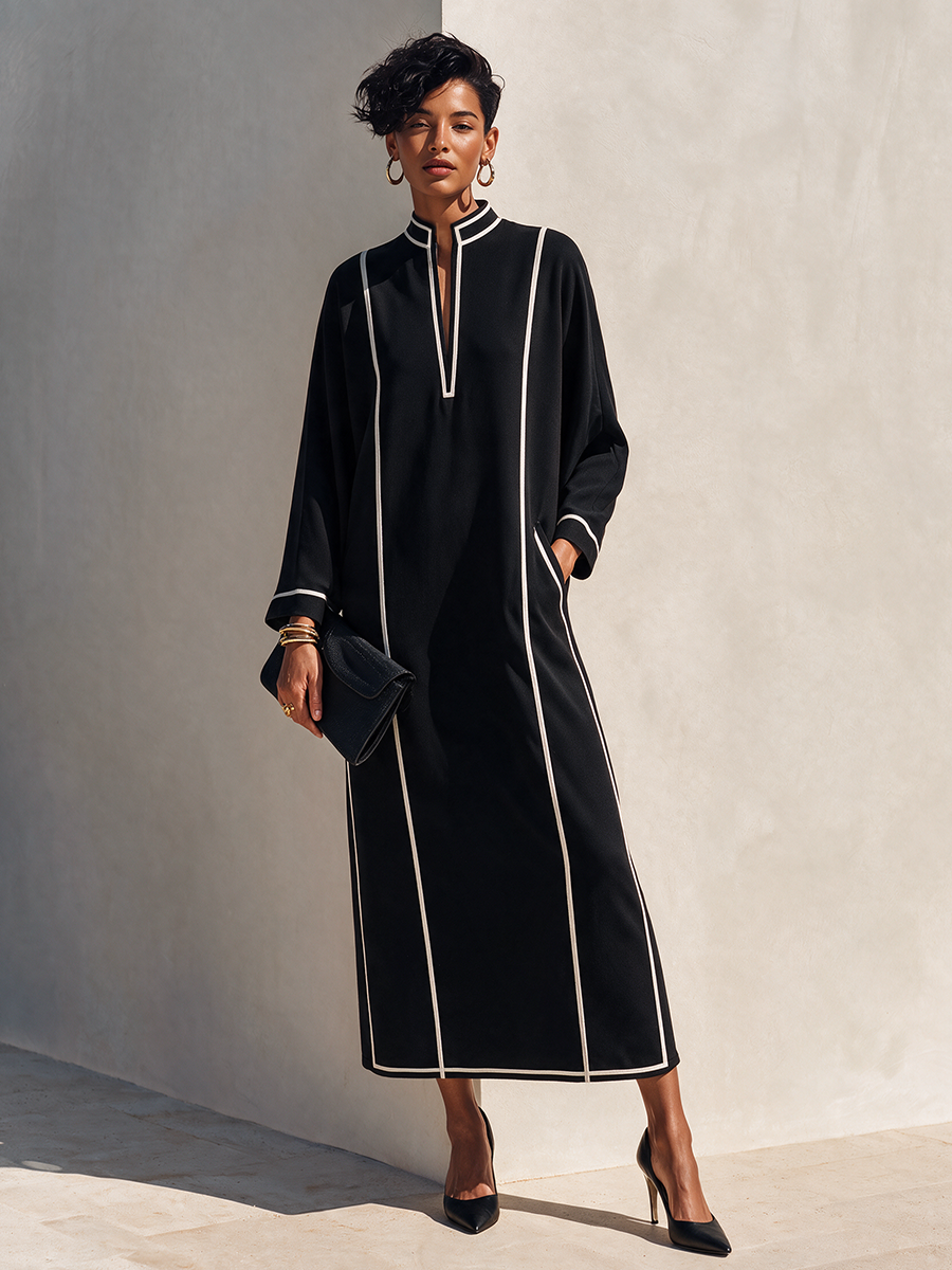 Women's Cotton-Blend Maxi Dress With Stand Collar And Contrast Piping MDZ0214I2ZRK