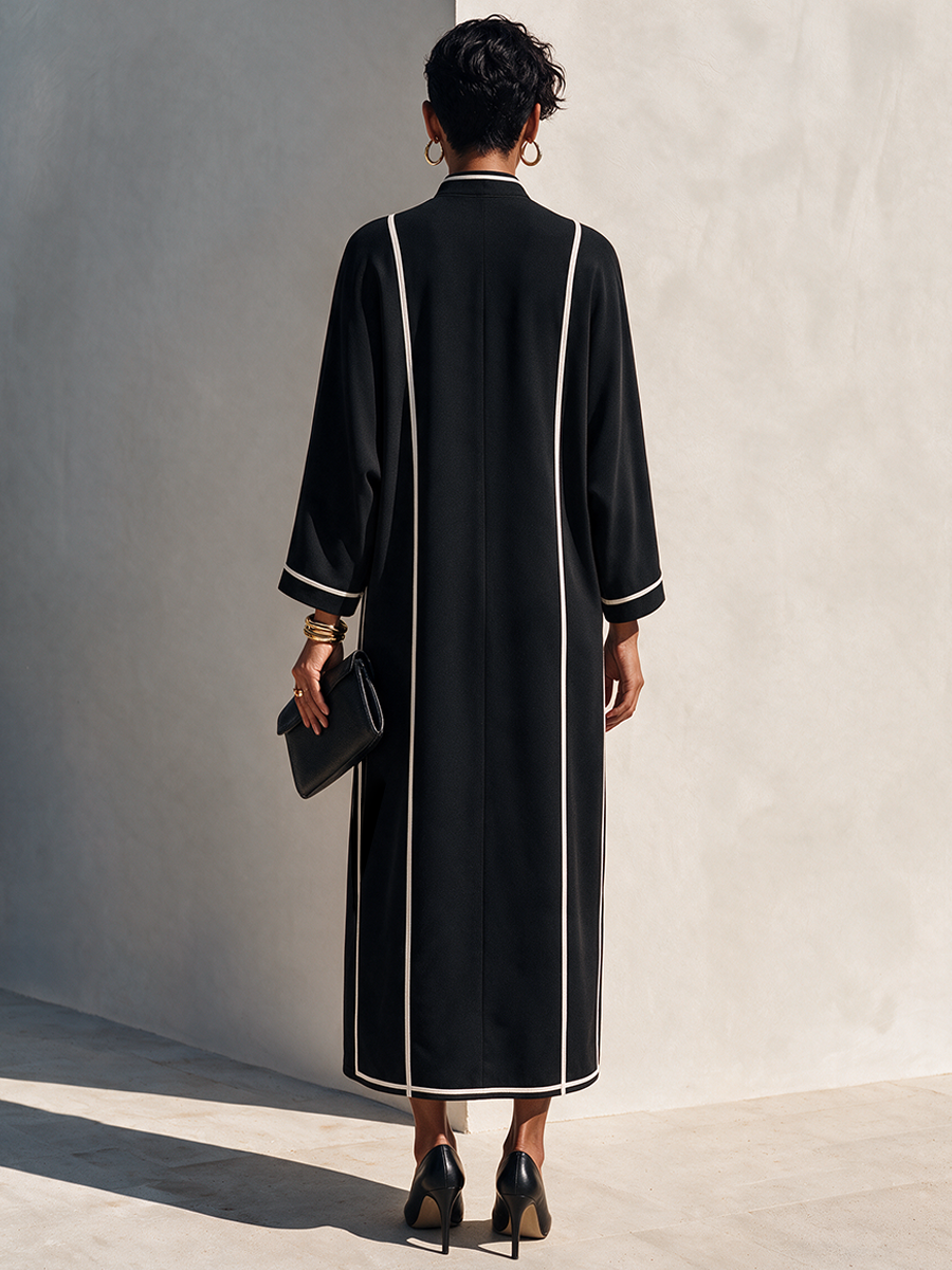 Women's Cotton-Blend Maxi Dress With Stand Collar And Contrast Piping MDZ0214I2ZRK