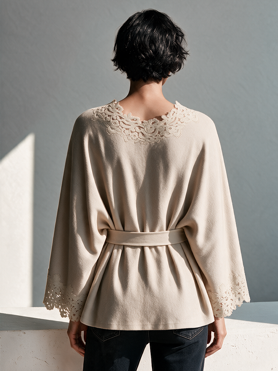 Women's Wool-Blend Wrap Coat With Lace Trim MDZ0220I1ZRK