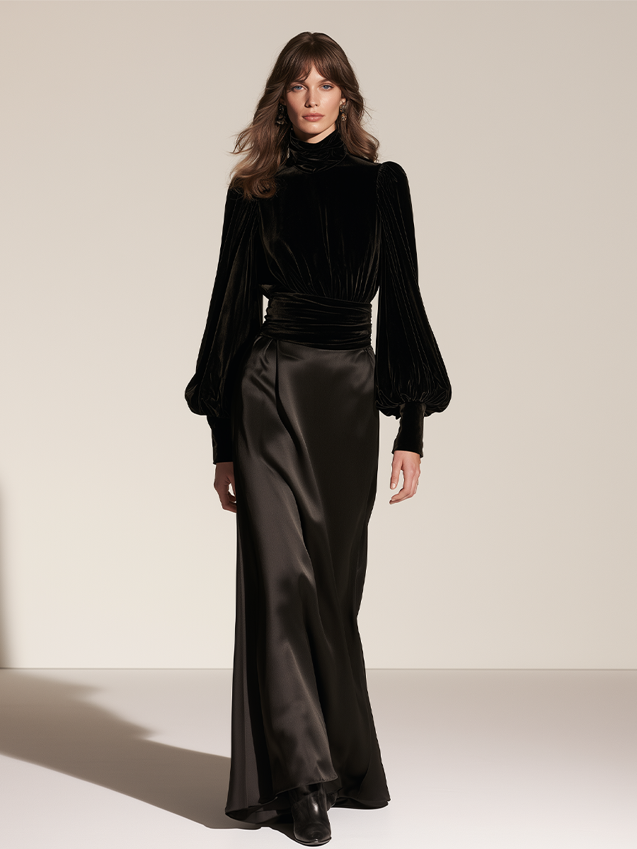 Women's Waist‑Defined Velvet Satin Set For Evening Party MDZ0268I6LYL