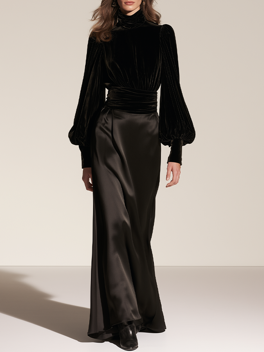 Women's Waist‑Defined Velvet Satin Set For Evening Party MDZ0268I6LYL