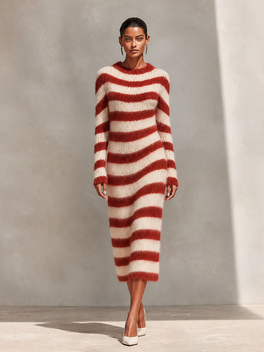 Women's Crew Neck Striped Knit Dress For Fall Daily Wear MDZ0223I7LYL