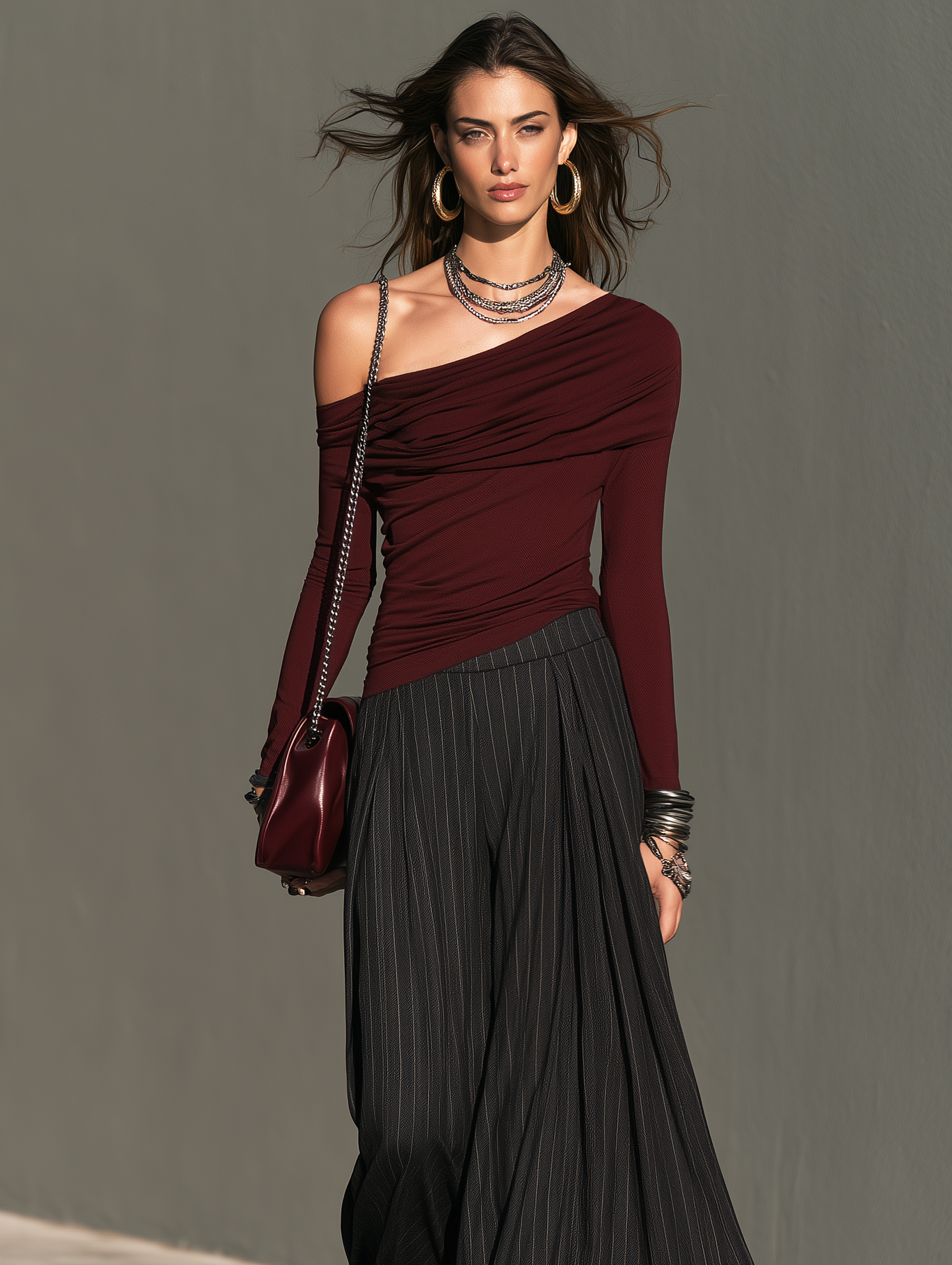 Women's Elegant Burgundy Stretch-Knit One-Shoulder Top And Black Woven Trousers Two-Piece Set MDZ0200I2LXY