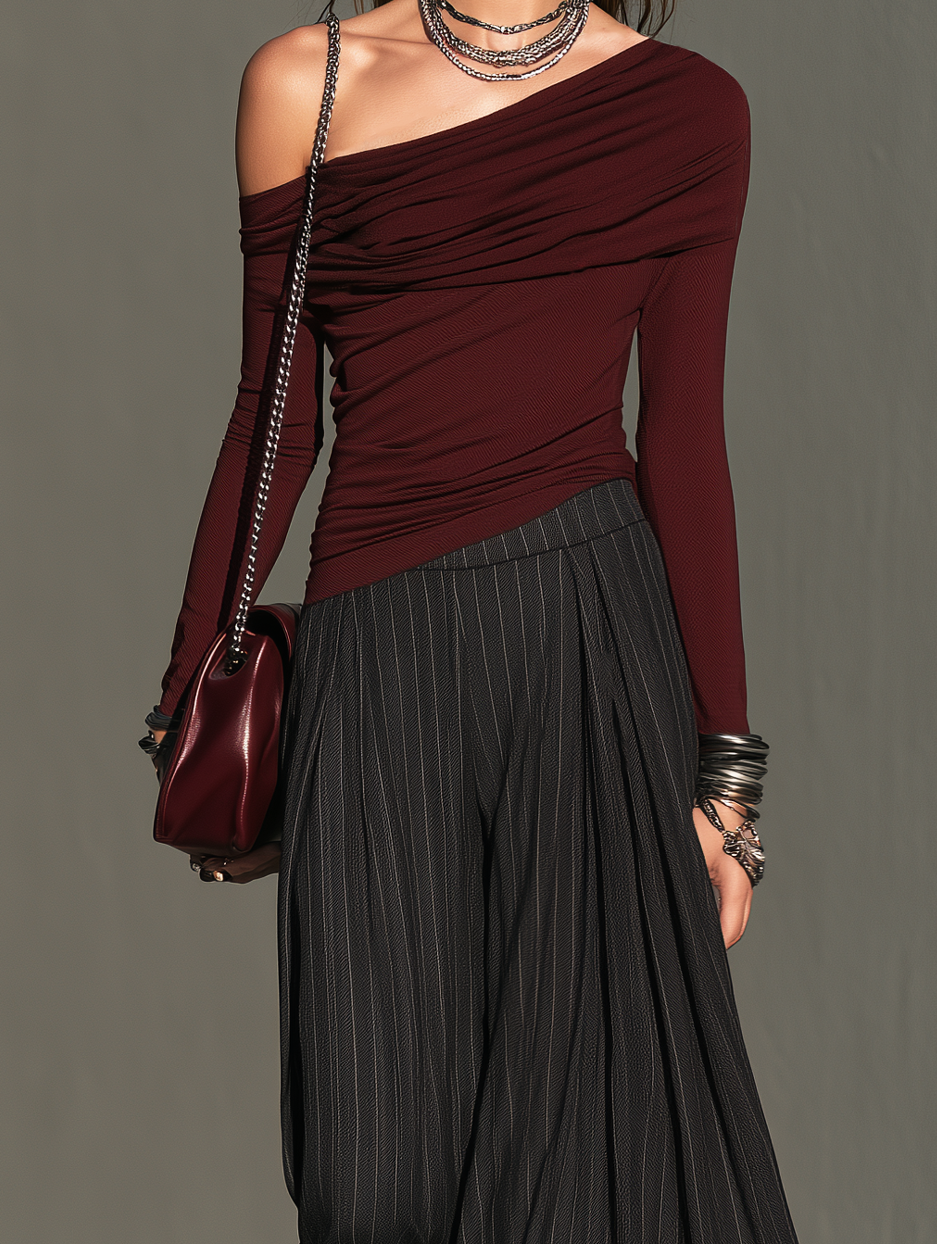 Women's Elegant Burgundy Stretch-Knit One-Shoulder Top And Black Woven Trousers Two-Piece Set MDZ0200I2LXY