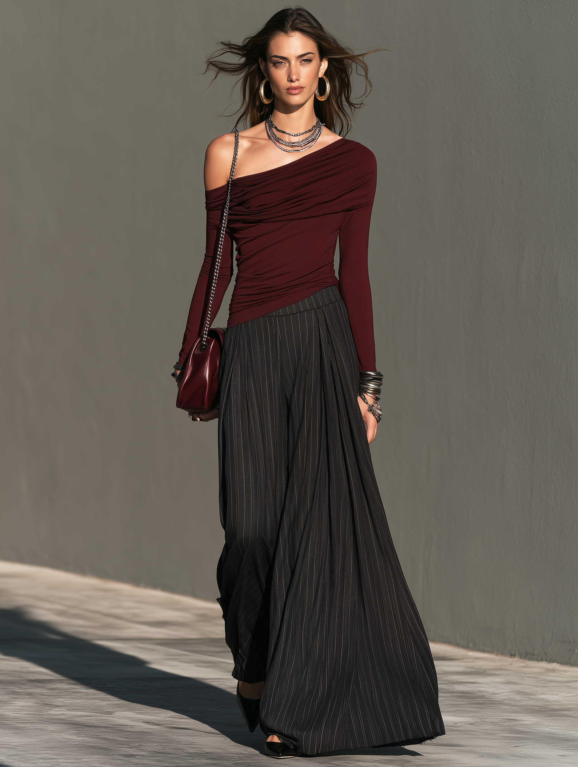 Women's Elegant Burgundy Stretch-Knit One-Shoulder Top And Black Woven Trousers Two-Piece Set MDZ0200I2LXY