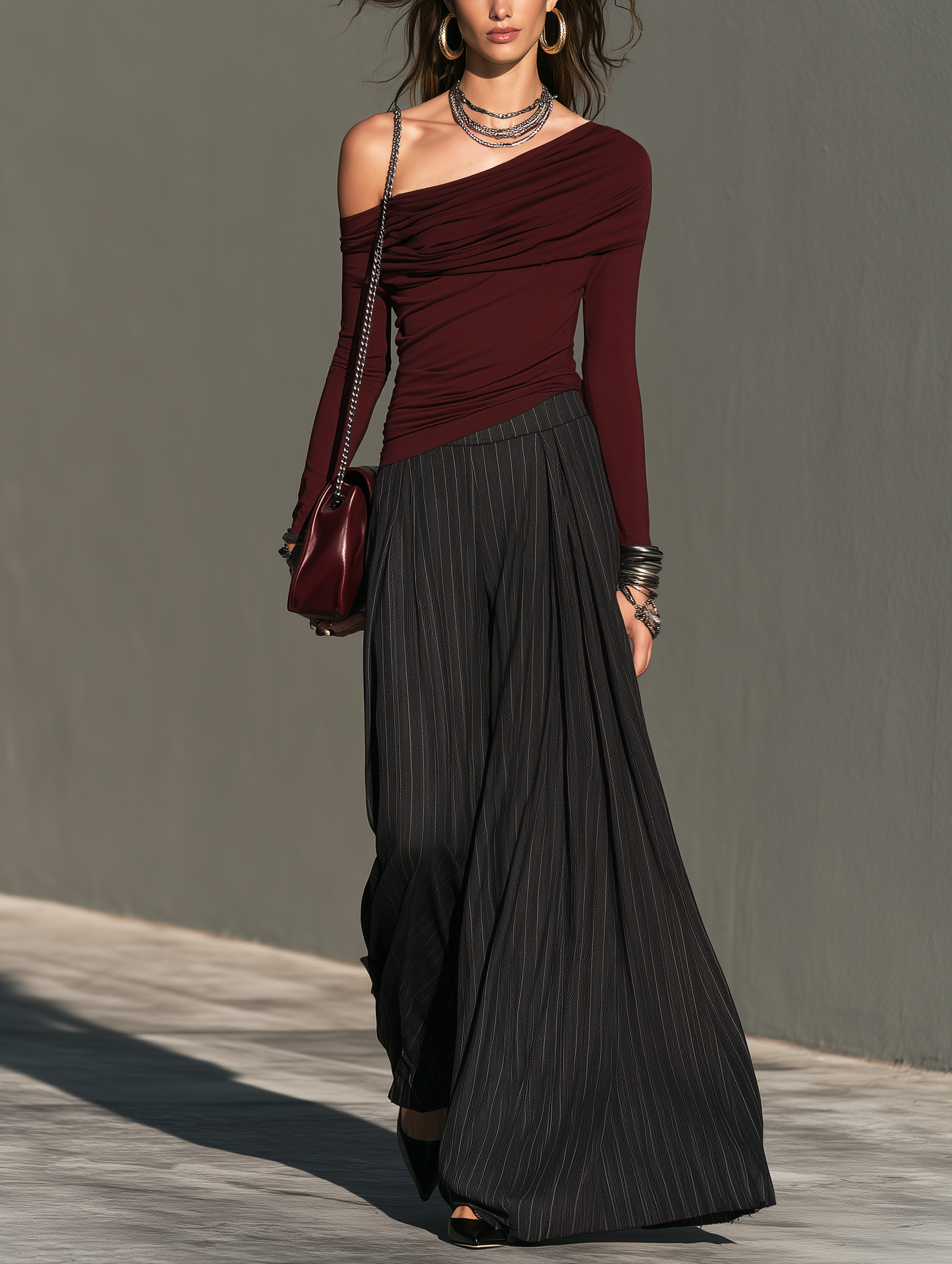 Women's Elegant Burgundy Stretch-Knit One-Shoulder Top And Black Woven Trousers Two-Piece Set MDZ0200I2LXY