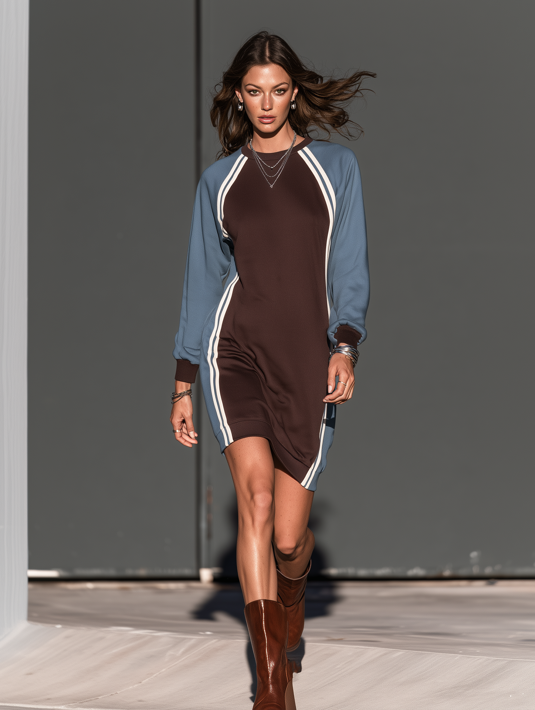 Women's Casual Blue & Brown Color-Block Long-Sleeve Scuba Knit Mini Dress MDZ0268I0LXY