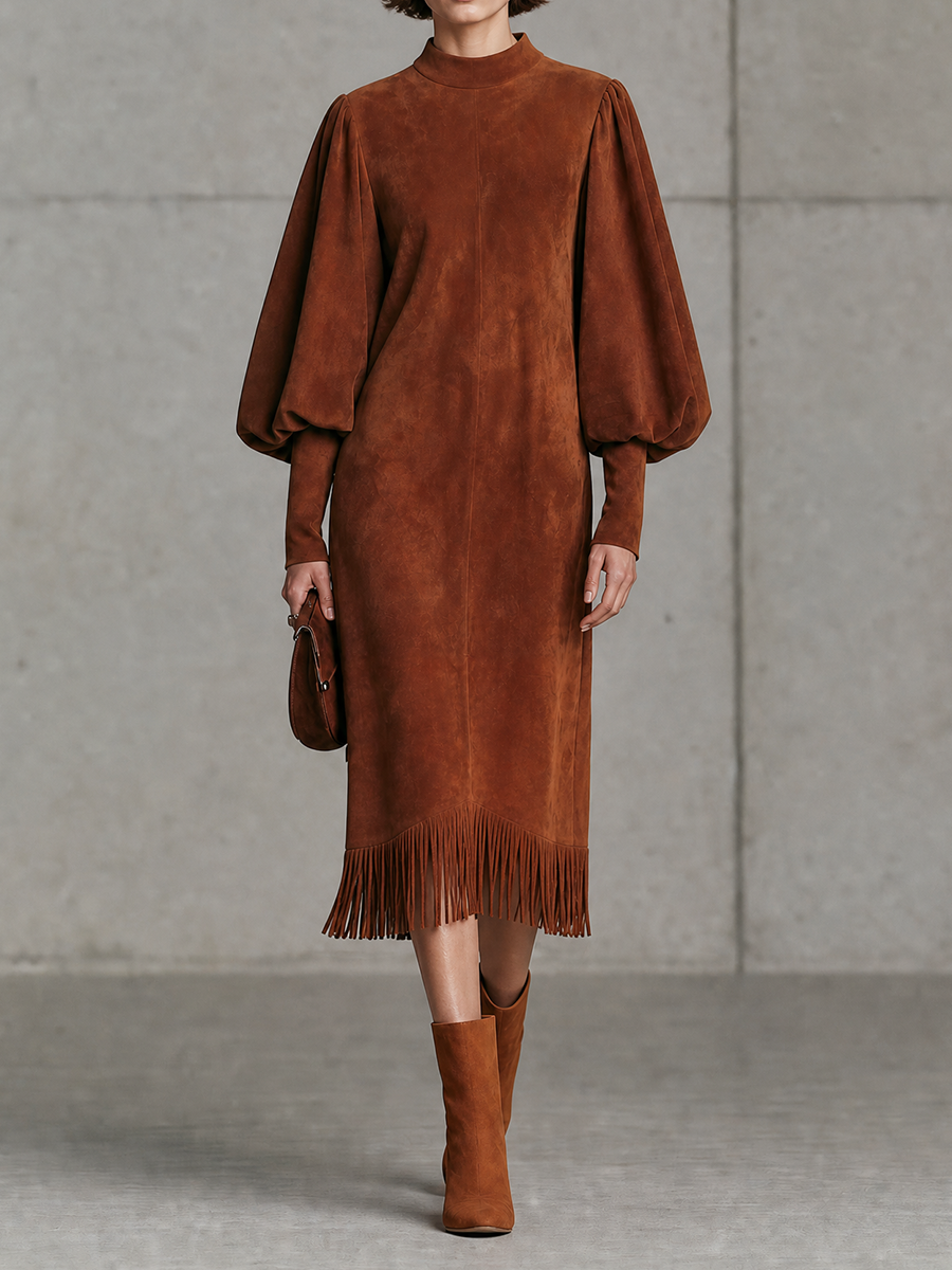Women's Puff Sleeve Fringe Hem Brown Midi Dress MDZ0361I3YZJ