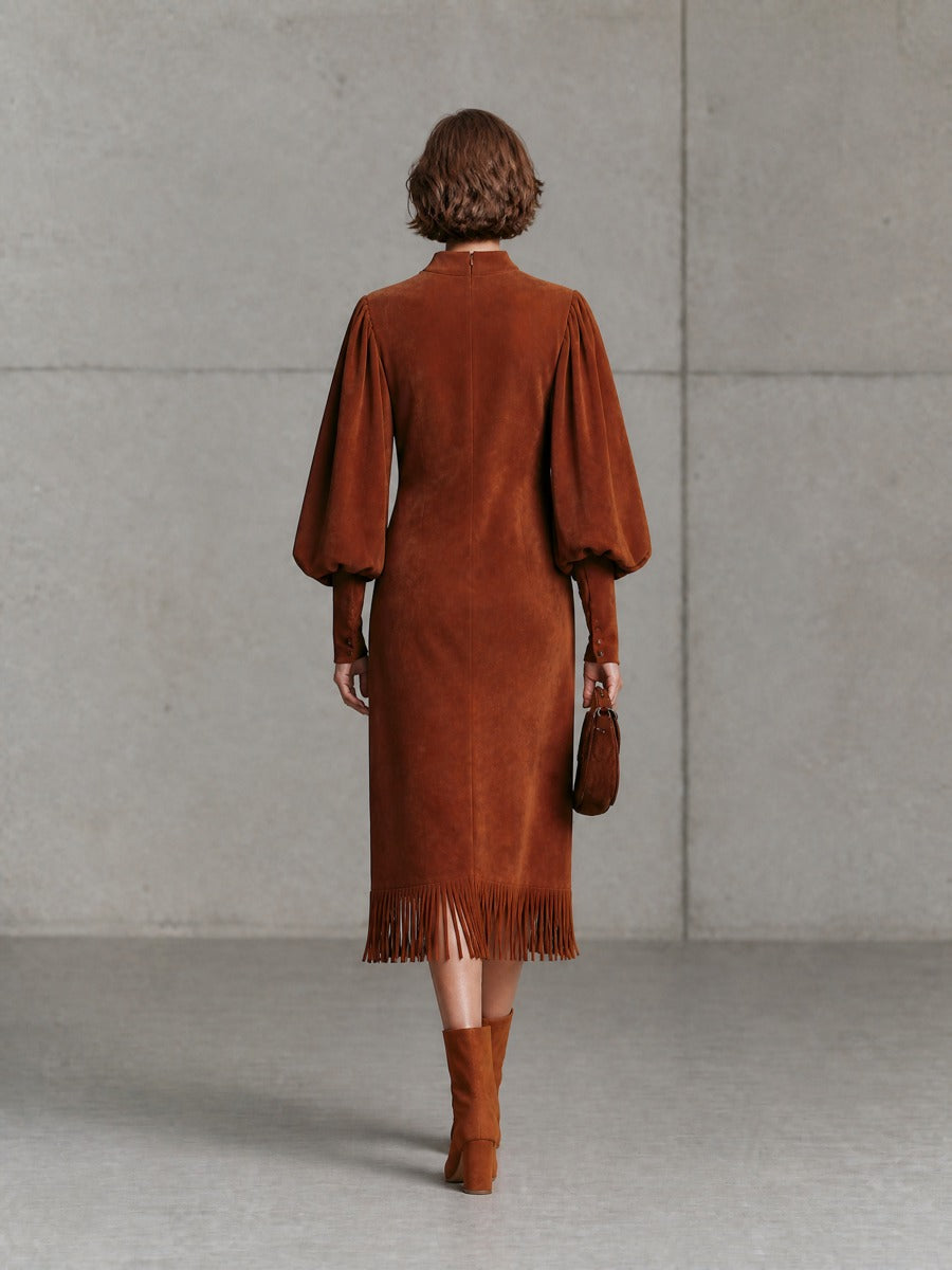 Women's Puff Sleeve Fringe Hem Brown Midi Dress MDZ0361I3YZJ