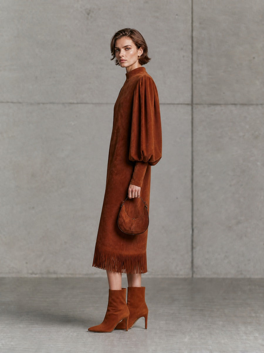 Women's Puff Sleeve Fringe Hem Brown Midi Dress MDZ0361I3YZJ