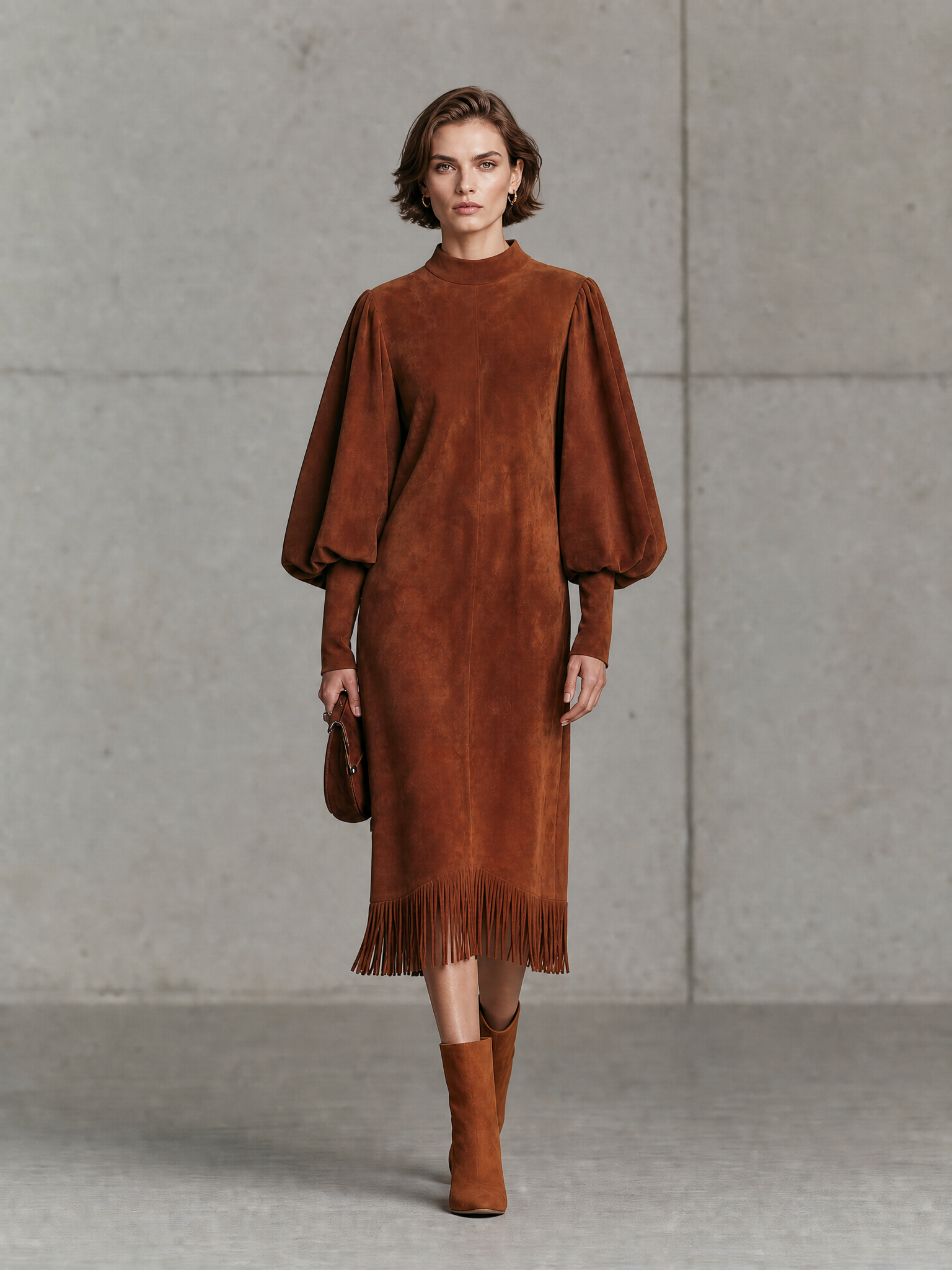 Women's Puff Sleeve Fringe Hem Brown Midi Dress MDZ0361I3YZJ