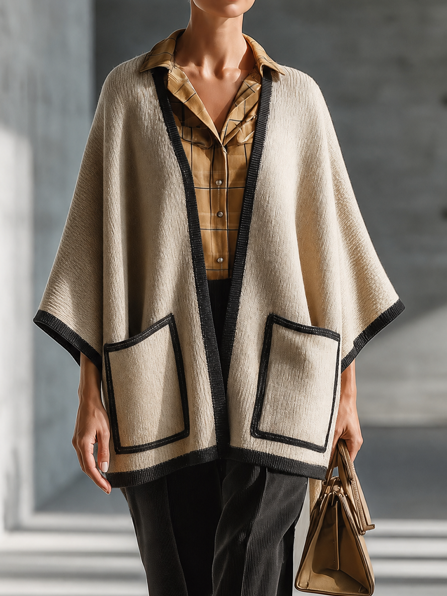 Women's Contrast Trim Pocket Beige Cardigan MDZ0345I9YZJ