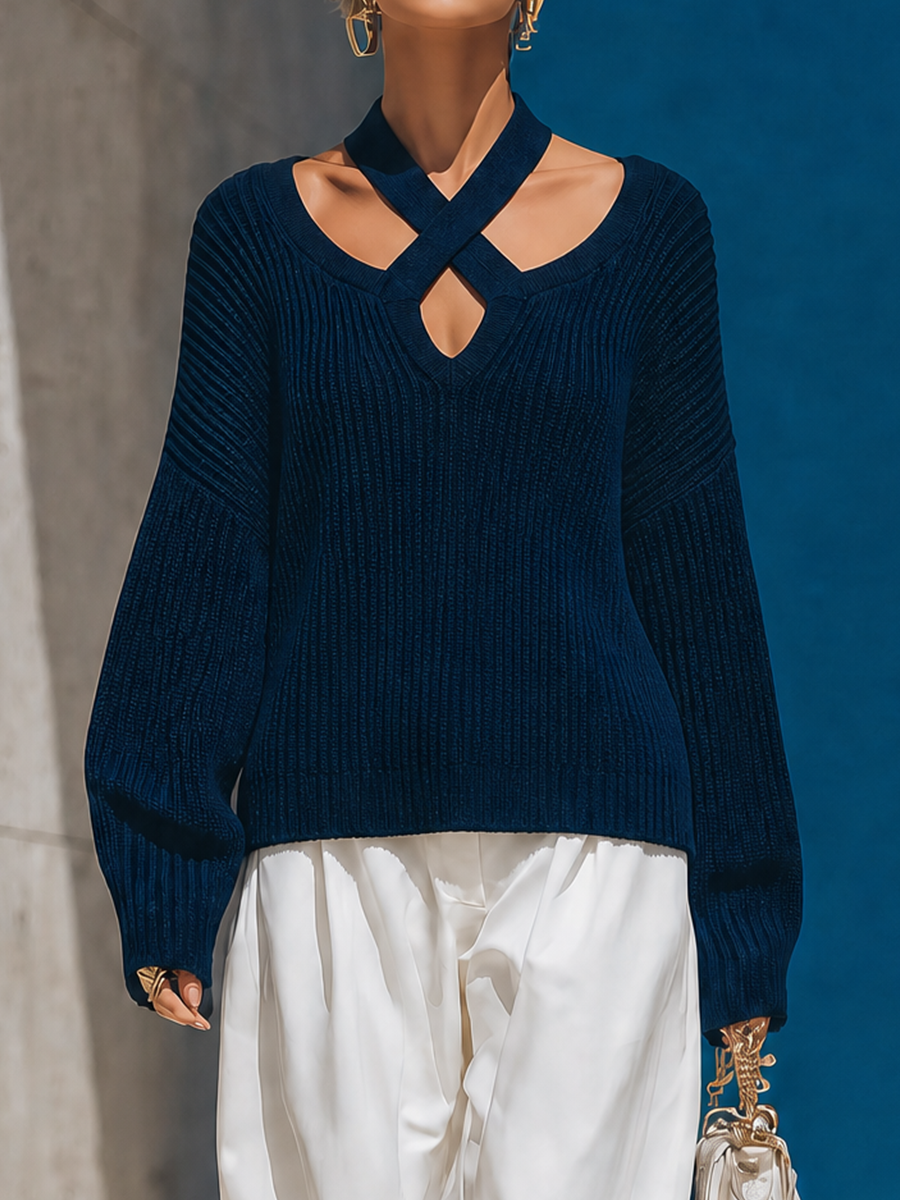 Women's Crisscross Cutout Ribbed Navy Sweater MDZ0331I0YZJ