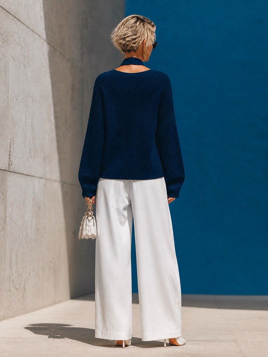 Women's Crisscross Cutout Ribbed Navy Sweater MDZ0331I0YZJ