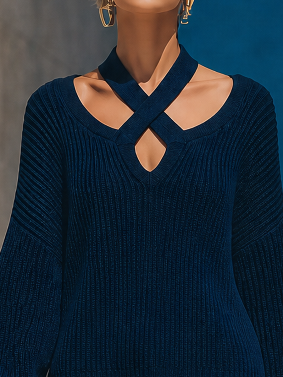 Women's Crisscross Cutout Ribbed Navy Sweater MDZ0331I0YZJ