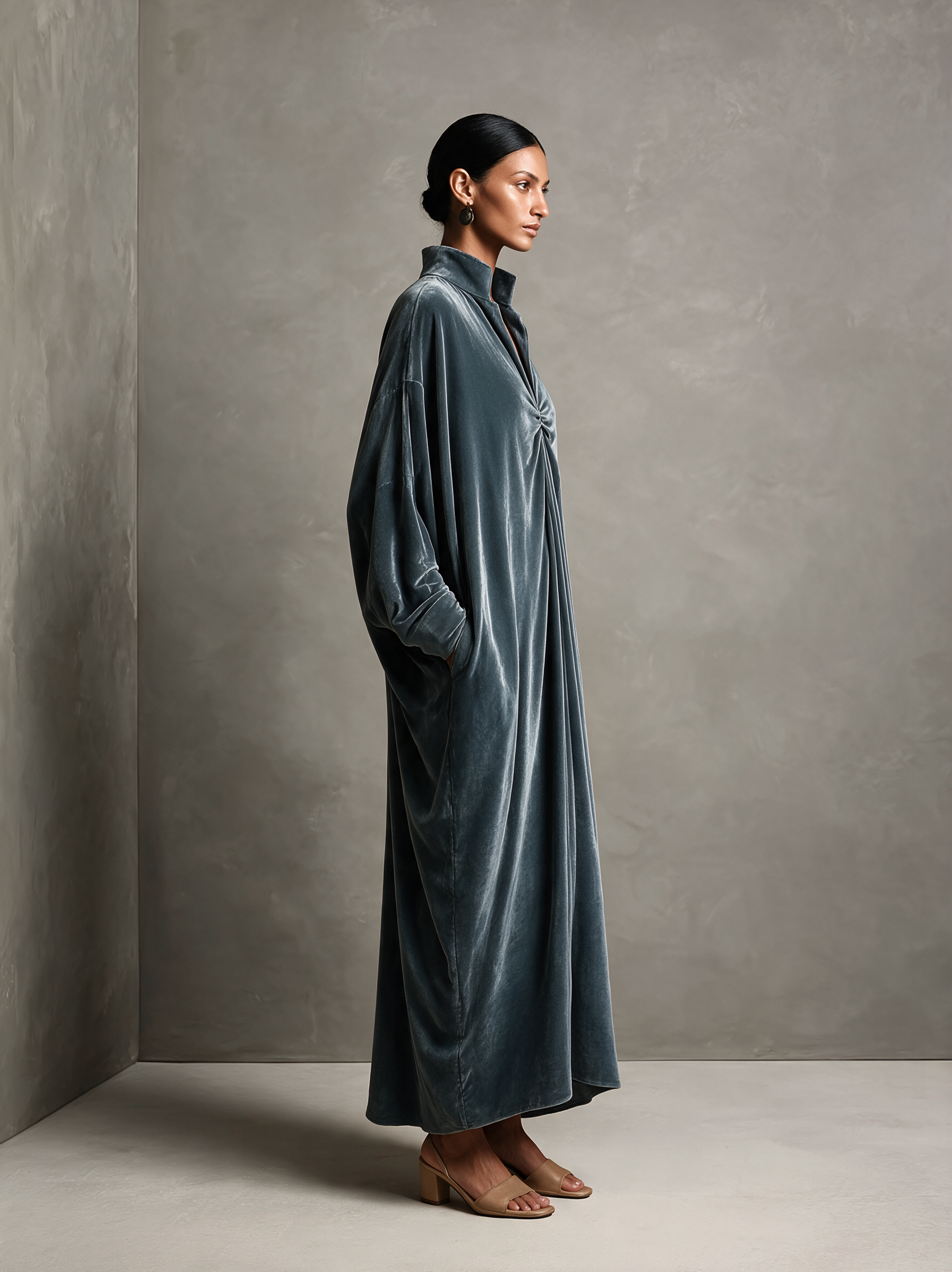 Women's Dusty Blue Stand‑Collared Twist‑Knot Oversized Velvet Maxi Dress MDZ0335I5R