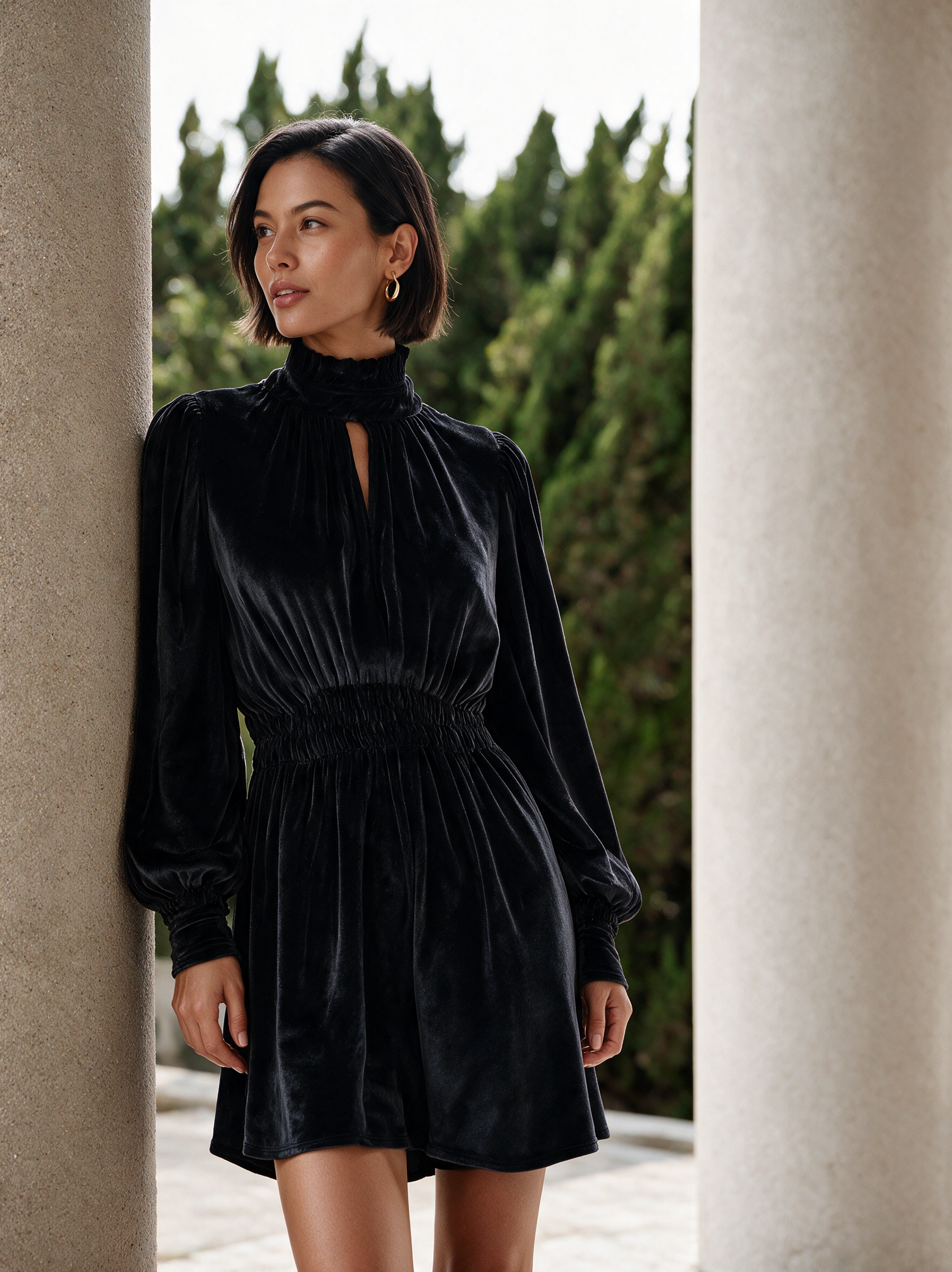 Women's Black High‑Neck Smocked Short Velvet Dress MDZ0338I3R