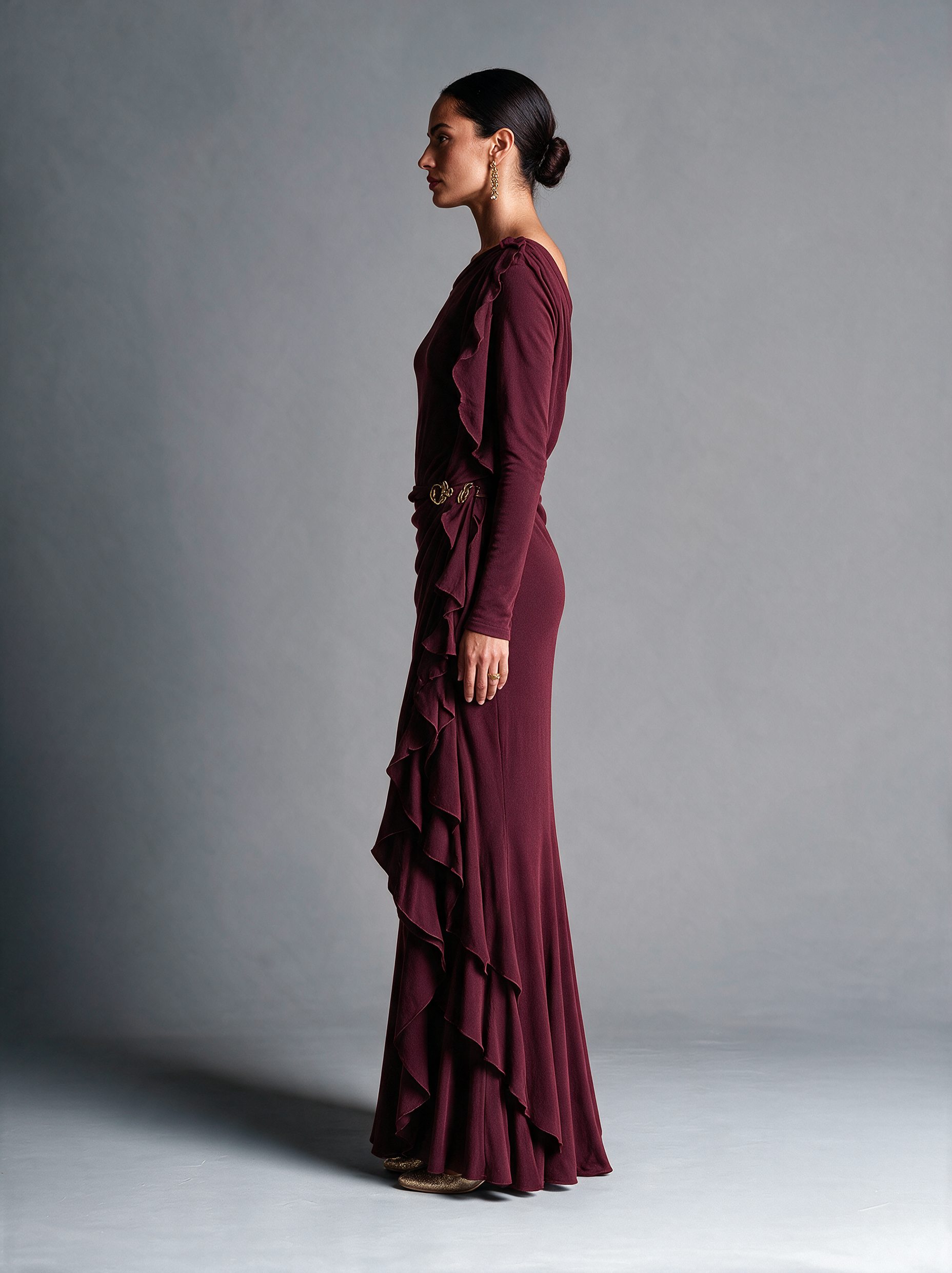 Women's Burgundy One‑Shoulder Ruffle Velvet Mermaid Evening Gown MDZ0390I1R