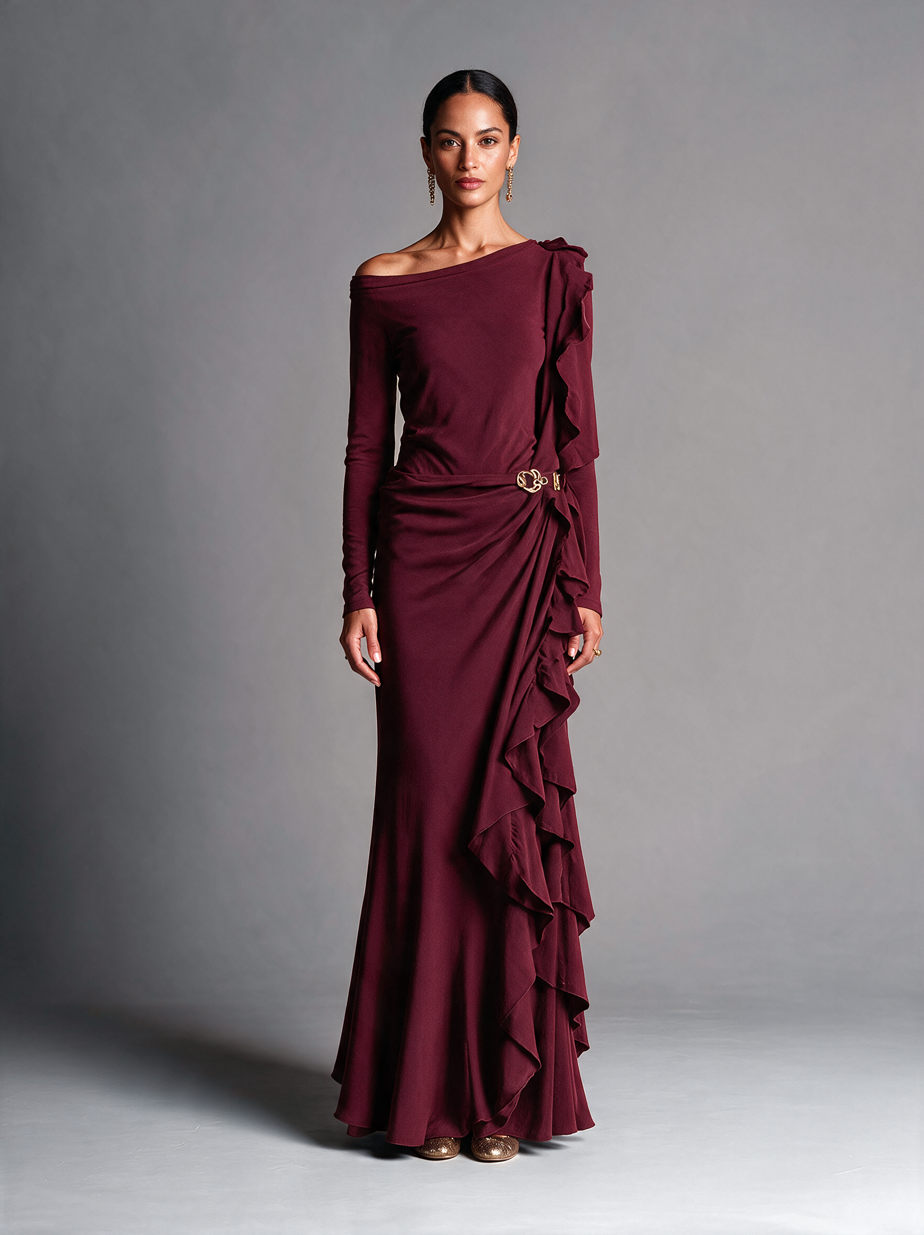 Women's Burgundy One‑Shoulder Ruffle Velvet Mermaid Evening Gown MDZ0390I1R
