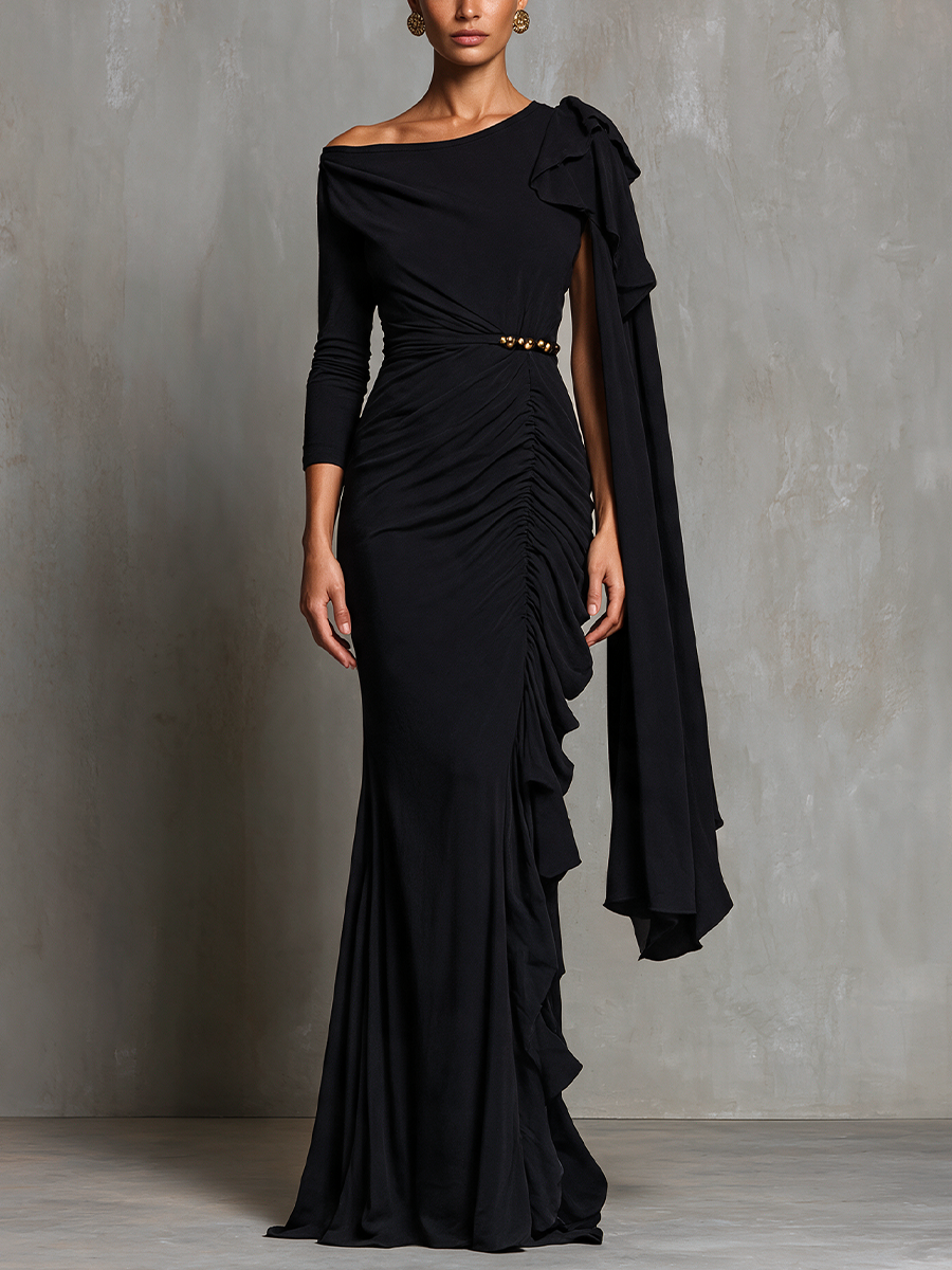Women's Black One‑Shoulder Sash Ruched Mermaid Evening Gown MDZ0350I1R