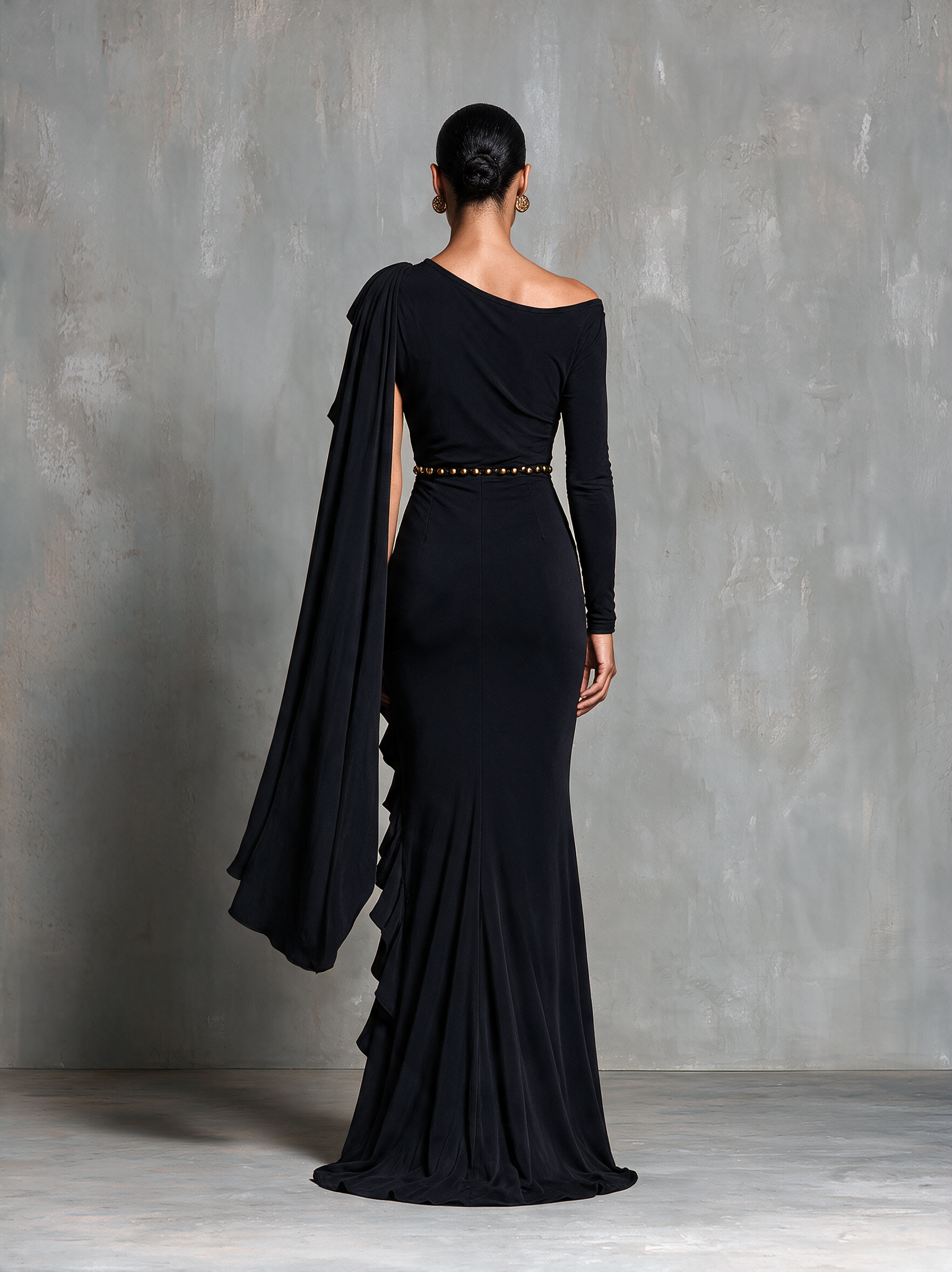 Women's Black One‑Shoulder Sash Ruched Mermaid Evening Gown MDZ0350I1R
