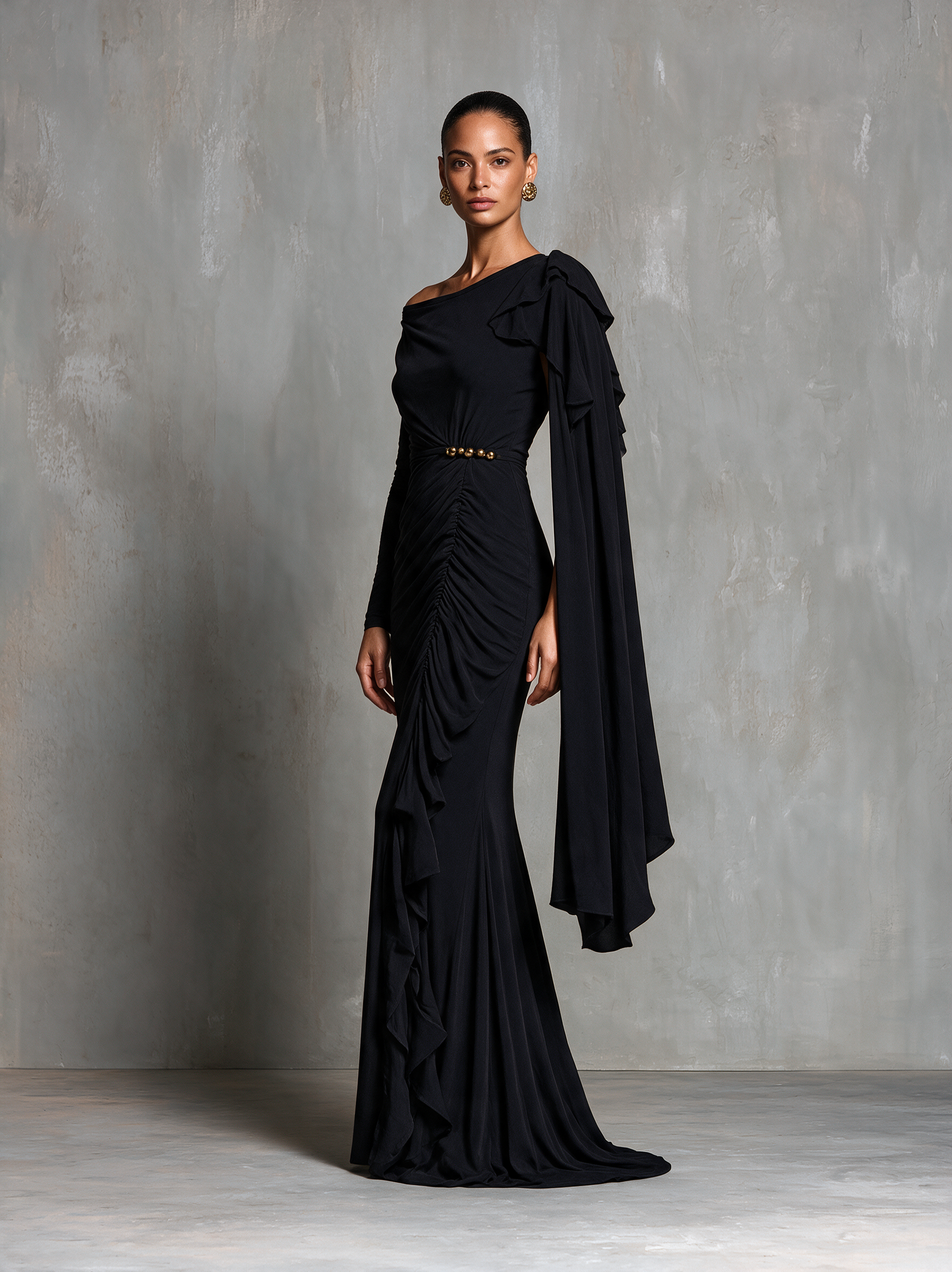 Women's Black One‑Shoulder Sash Ruched Mermaid Evening Gown MDZ0350I1R