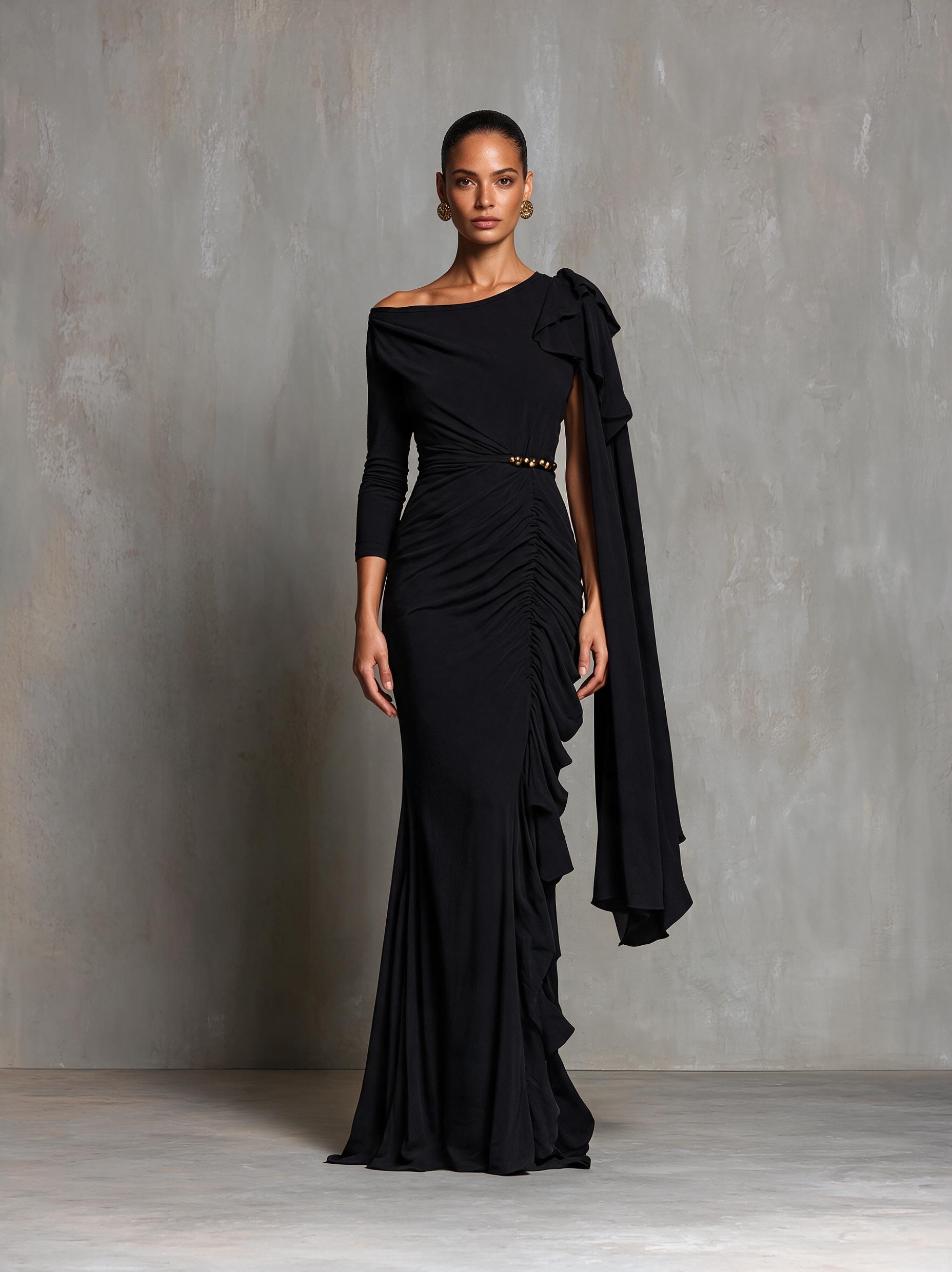 Women's Black One‑Shoulder Sash Ruched Mermaid Evening Gown MDZ0350I1R