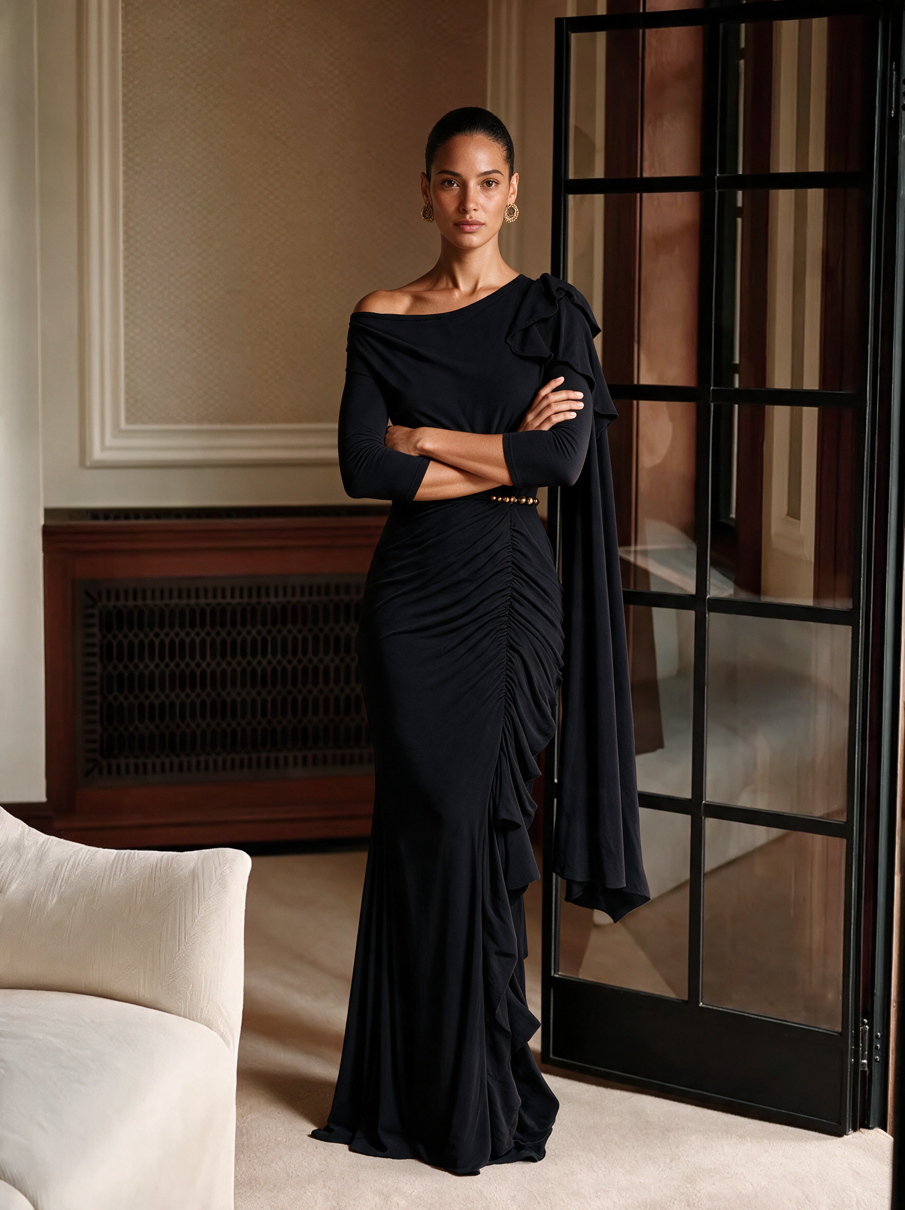 Women's Black One‑Shoulder Sash Ruched Mermaid Evening Gown MDZ0350I1R