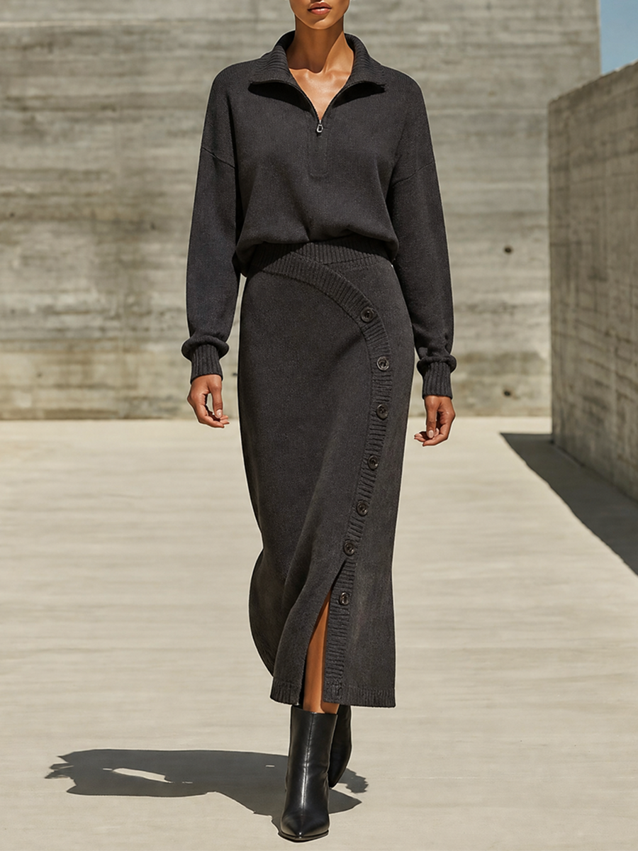 Women's Half‑Zip Knit Two‑Piece Set For Fall Office MDZ0382I4LYL