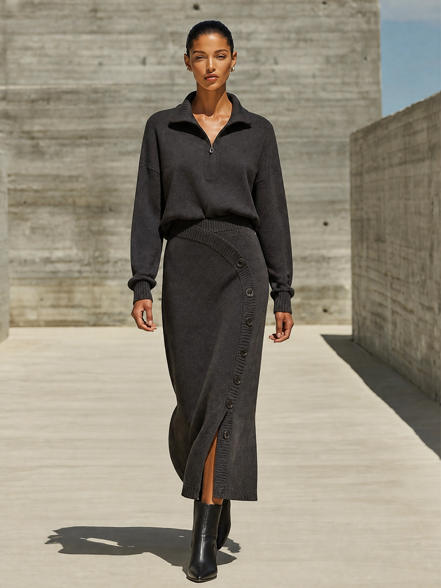 Women's Half‑Zip Knit Two‑Piece Set For Fall Office MDZ0382I4LYL