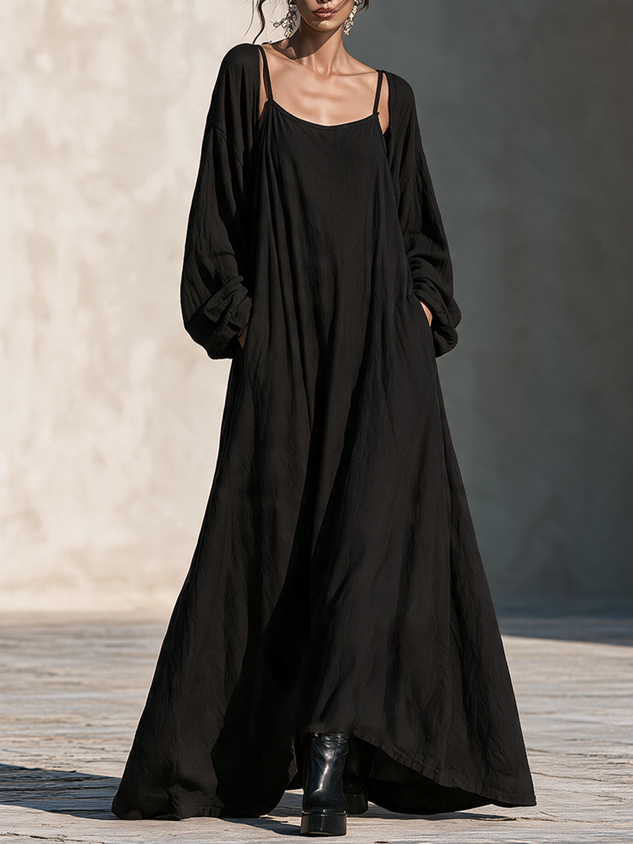 Women's Flowy Fake Two‑Piece Linen‑Blend Maxi Dress For Vacation MDZ0365I7LYL