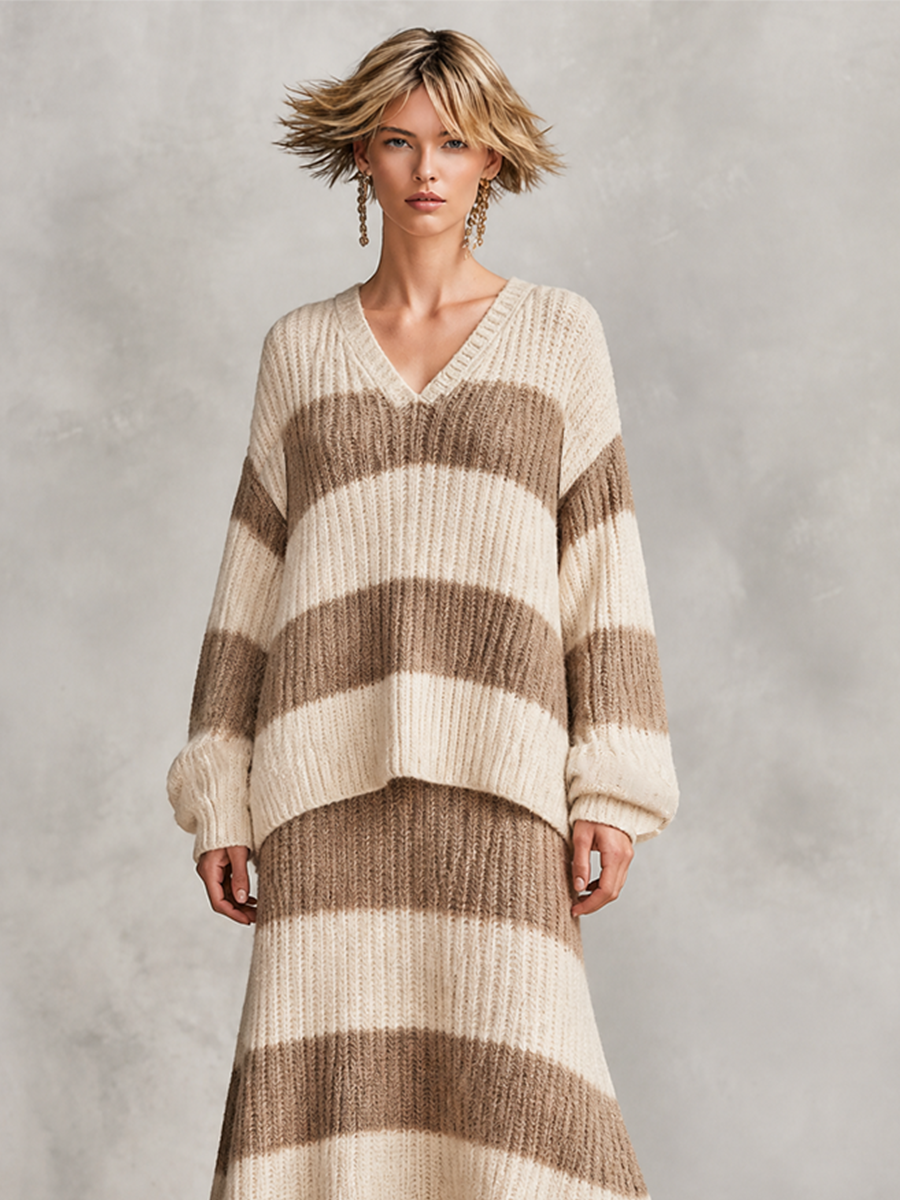 Women's Oversized Striped Ribbed Knit Set For Fall Daily MDZ0349I1LYL