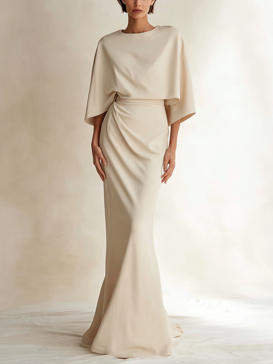 Women's Off‑White Cape Draped Mermaid Evening Gown MDZ0321I6R