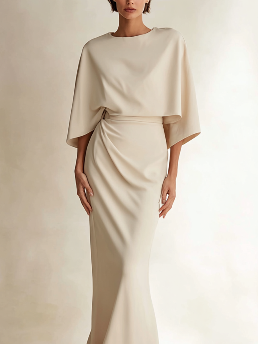 Women's Off‑White Cape Draped Mermaid Evening Gown MDZ0321I6R