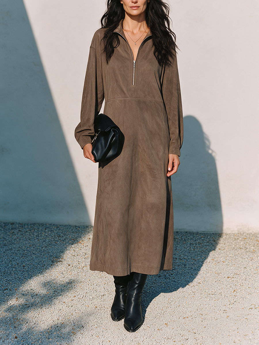 Women's Half-Zip Stand Collar Faux Suede Long Dress MDZ0303I3ZRK