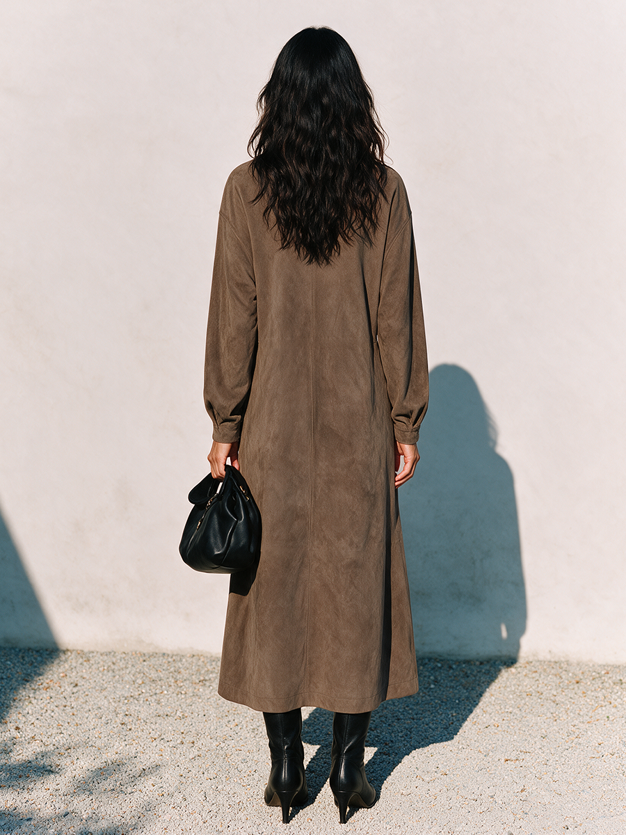 Women's Half-Zip Stand Collar Faux Suede Long Dress MDZ0303I3ZRK