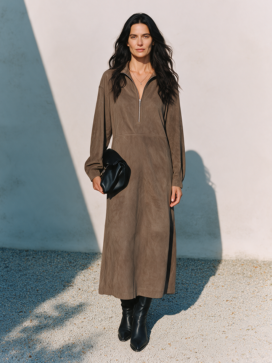 Women's Half-Zip Stand Collar Faux Suede Long Dress MDZ0303I3ZRK
