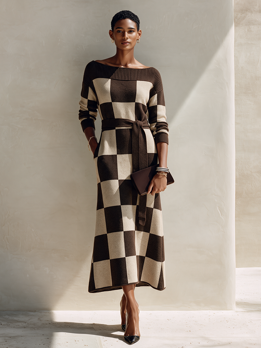 Women's Off-Shoulder Checkered Knit Maxi Dress MDZ0361I0ZRK