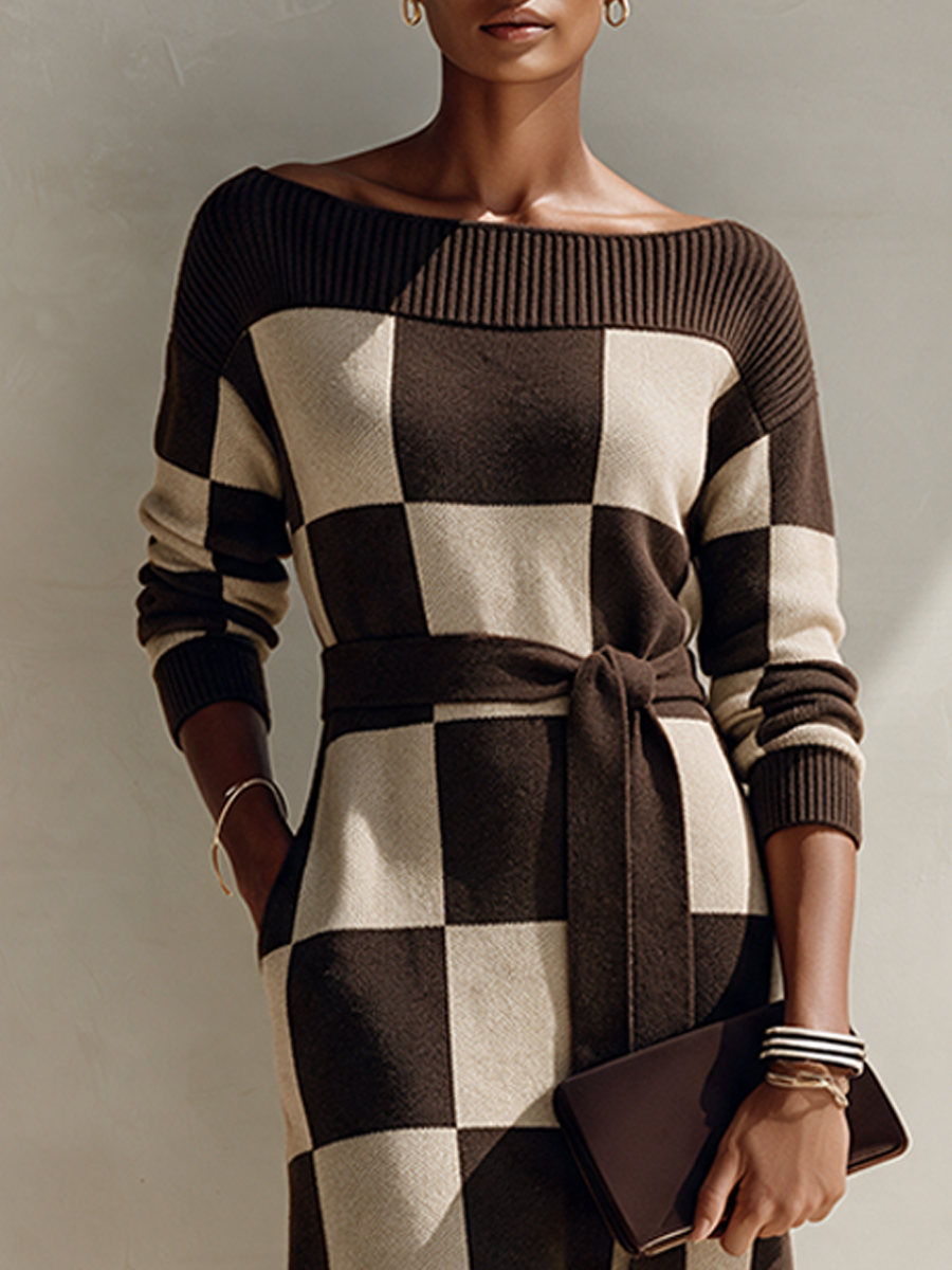 Women's Off-Shoulder Checkered Knit Maxi Dress MDZ0361I0ZRK